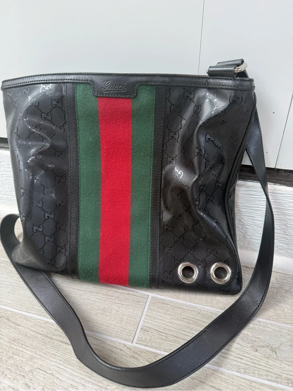 Gucci Black GG Canvas Messenger with Red & Green Stripe- very good cond.